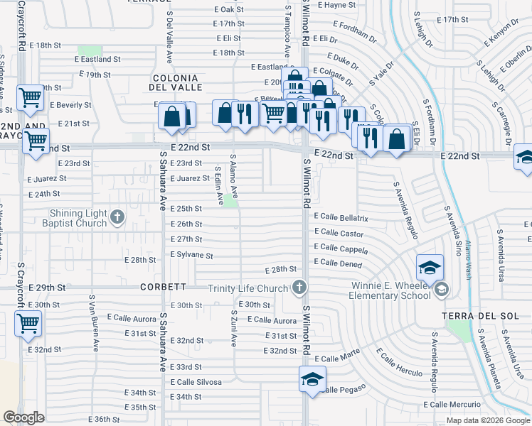 map of restaurants, bars, coffee shops, grocery stores, and more near 6202 East 25th Street in Tucson