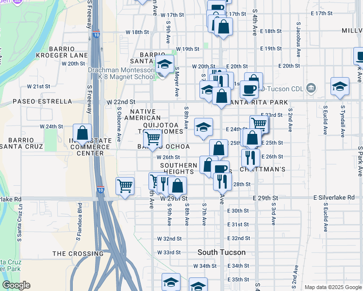 map of restaurants, bars, coffee shops, grocery stores, and more near 205 West 25th Street in Tucson