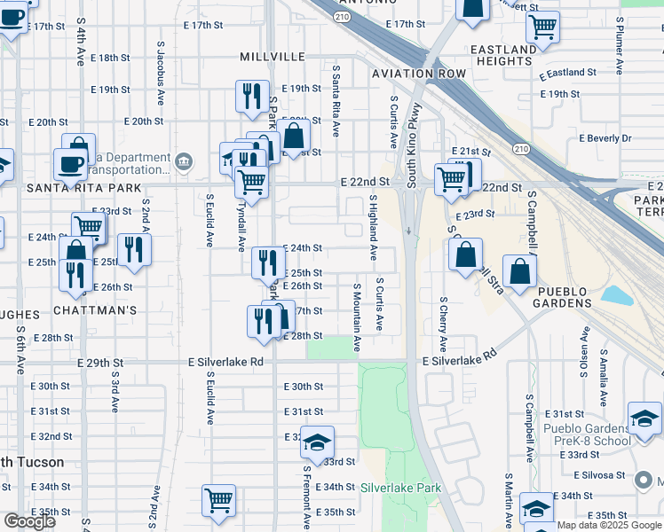 map of restaurants, bars, coffee shops, grocery stores, and more near 1043 East 25th Street in Tucson