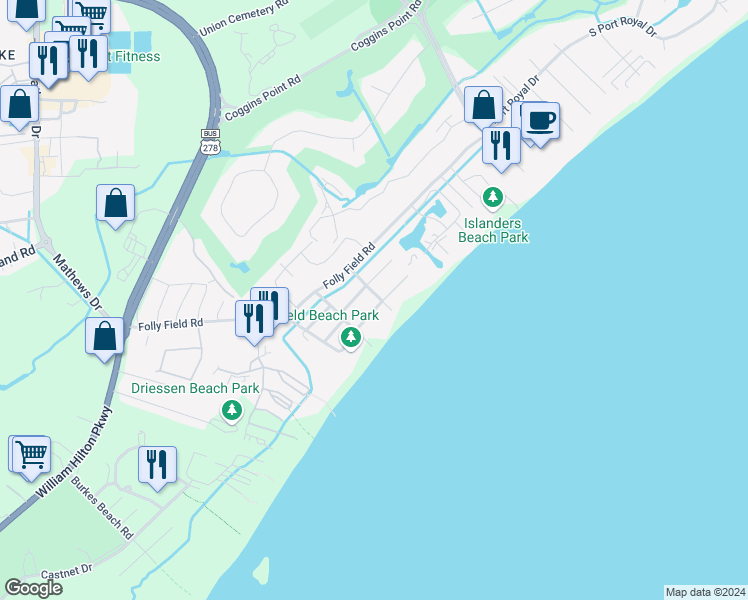 map of restaurants, bars, coffee shops, grocery stores, and more near 21 Sand Dollar Road in Hilton Head Island