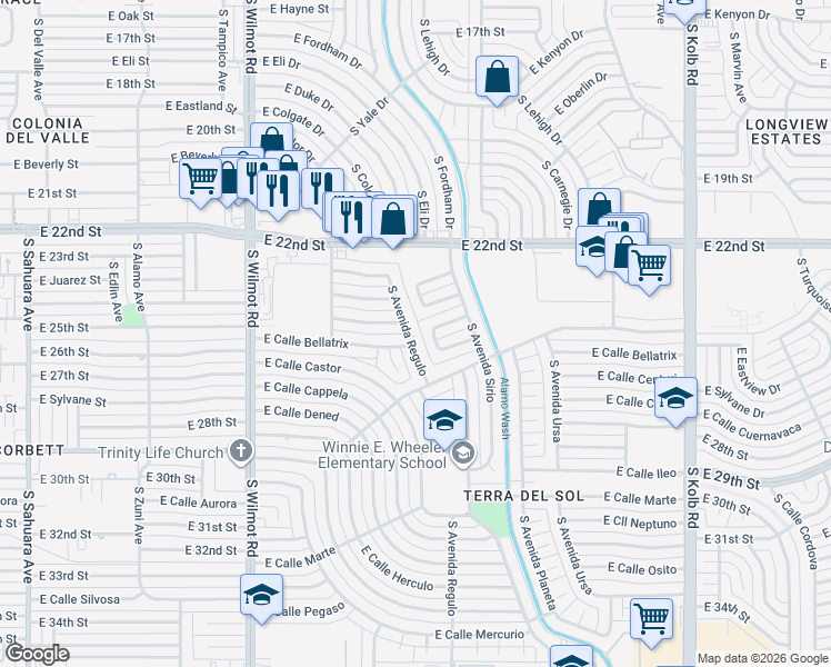 map of restaurants, bars, coffee shops, grocery stores, and more near 1441 South Avenida Regulo in Tucson