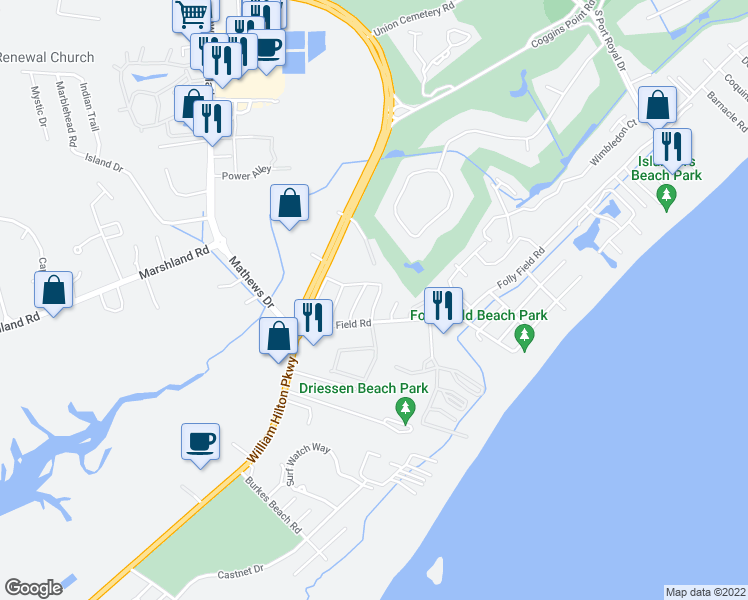 map of restaurants, bars, coffee shops, grocery stores, and more near 7 Gardenia Street in Hilton Head Island