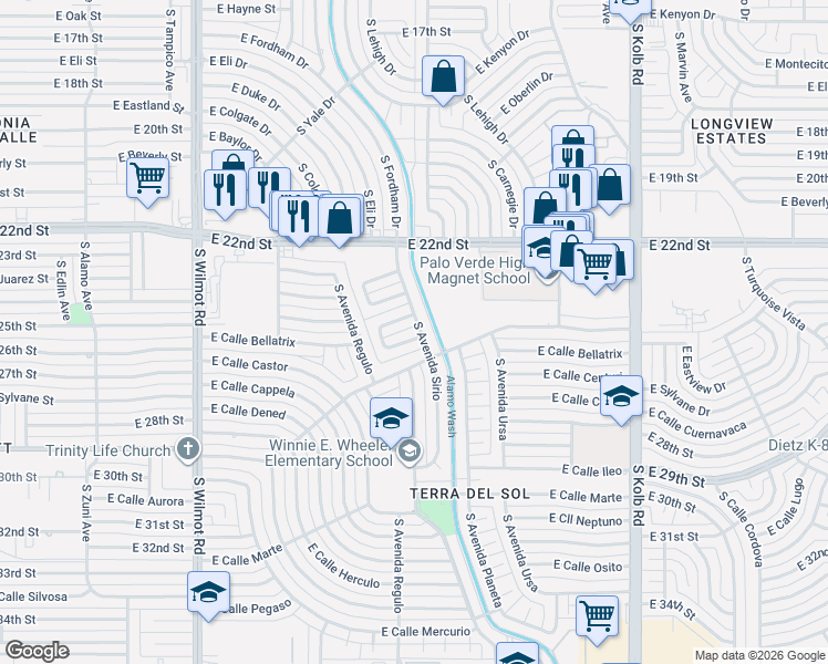 map of restaurants, bars, coffee shops, grocery stores, and more near 1527 South Avenida Sirio in Tucson