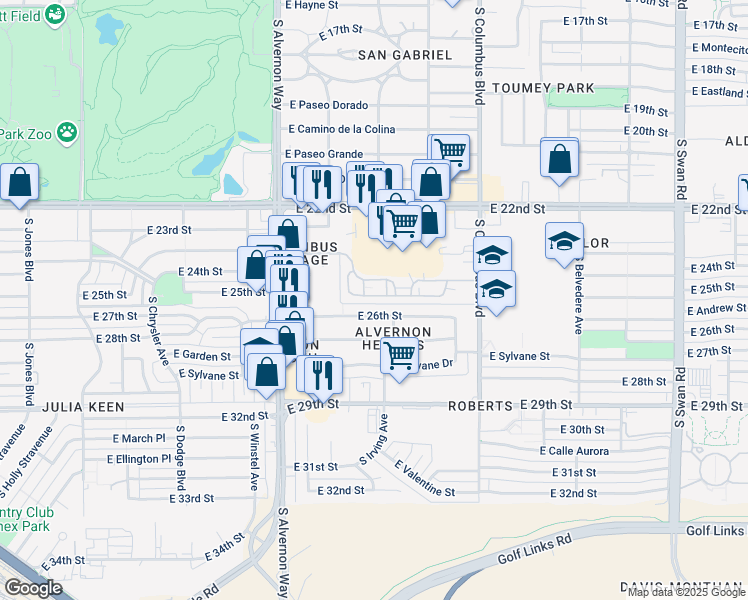 map of restaurants, bars, coffee shops, grocery stores, and more near 4092 East 25th Street in Tucson