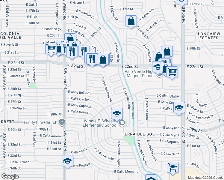 map of restaurants, bars, coffee shops, grocery stores, and more near 1441 South Avenida Regulo in Tucson