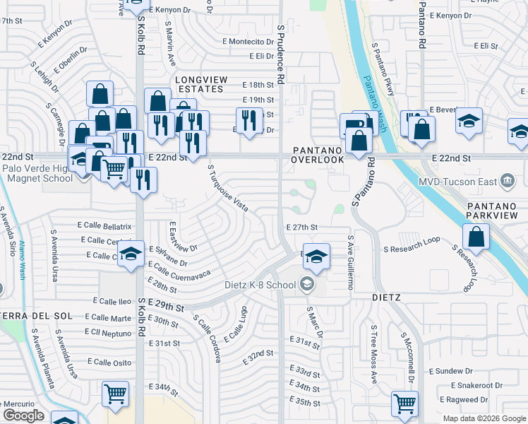 map of restaurants, bars, coffee shops, grocery stores, and more near 7438 East 25th Street in Tucson