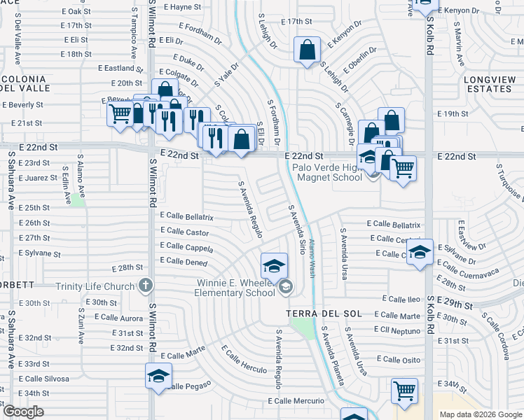 map of restaurants, bars, coffee shops, grocery stores, and more near 1441 South Avenida Regulo in Tucson