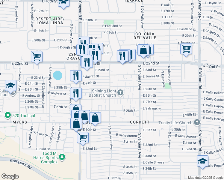 map of restaurants, bars, coffee shops, grocery stores, and more near 5674 East 25th Street in Tucson