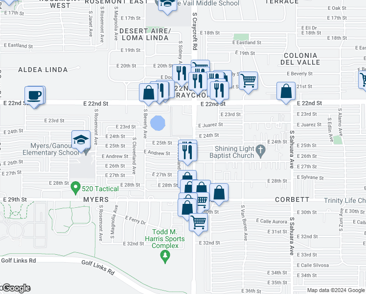 map of restaurants, bars, coffee shops, grocery stores, and more near 1440 South Craycroft Road in Tucson
