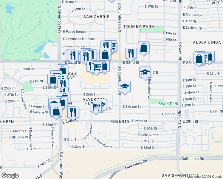 map of restaurants, bars, coffee shops, grocery stores, and more near 4222 East 25th Street in Tucson