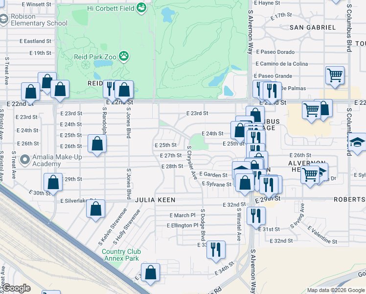 map of restaurants, bars, coffee shops, grocery stores, and more near 3564 East 25th Street in Tucson