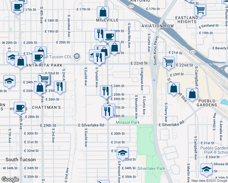 map of restaurants, bars, coffee shops, grocery stores, and more near 1420 South New Street in Tucson