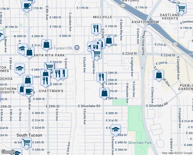 map of restaurants, bars, coffee shops, grocery stores, and more near 1440 South Tyndall Avenue in Tucson