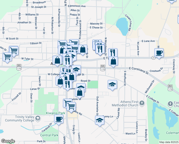 map of restaurants, bars, coffee shops, grocery stores, and more near 501 East College Street in Athens