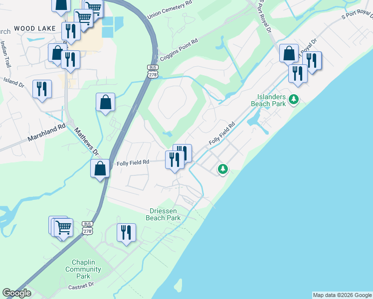 map of restaurants, bars, coffee shops, grocery stores, and more near 43 Folly Field Road in Hilton Head Island