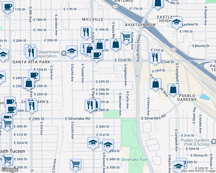 map of restaurants, bars, coffee shops, grocery stores, and more near 1043 East 25th Street in Tucson
