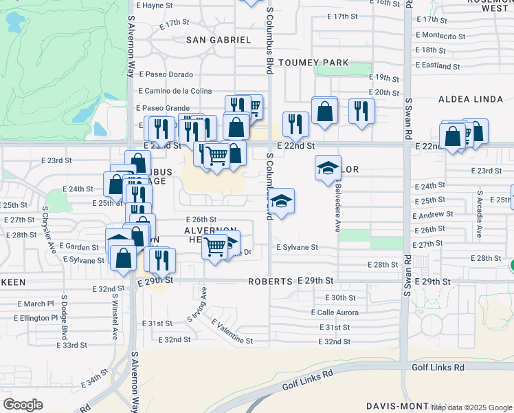 map of restaurants, bars, coffee shops, grocery stores, and more near 1702 South Columbus Boulevard in Tucson