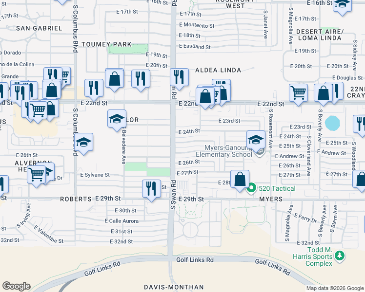 map of restaurants, bars, coffee shops, grocery stores, and more near 4701 East Andrew Street in Tucson