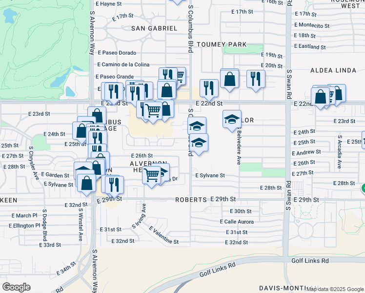 map of restaurants, bars, coffee shops, grocery stores, and more near 1702 South Columbus Boulevard in Tucson