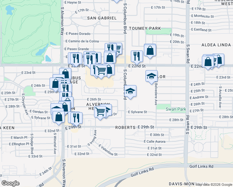 map of restaurants, bars, coffee shops, grocery stores, and more near 4222 East 25th Street in Tucson