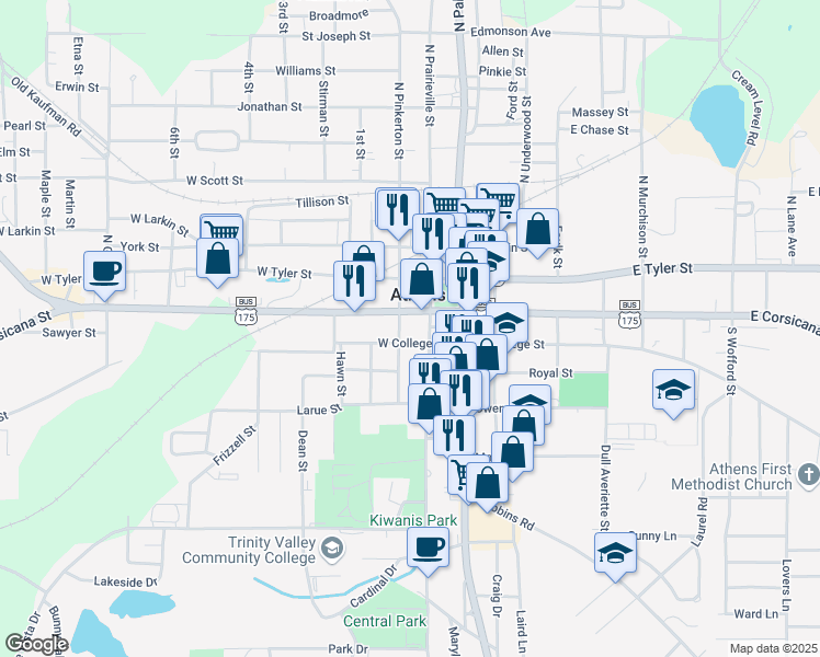 map of restaurants, bars, coffee shops, grocery stores, and more near 109 West Corsicana Street in Athens