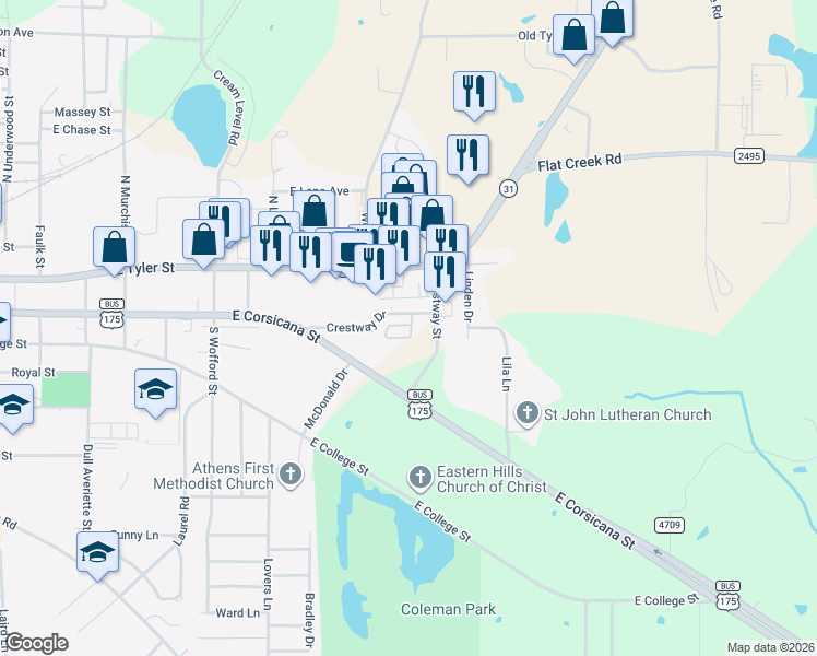 map of restaurants, bars, coffee shops, grocery stores, and more near 119 South Palomita Circle in Athens