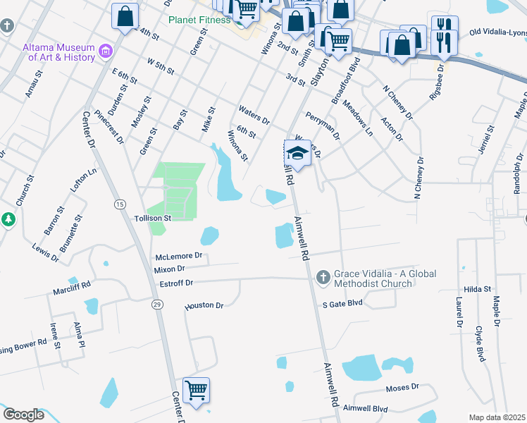 map of restaurants, bars, coffee shops, grocery stores, and more near 1218 Susan Way in Vidalia
