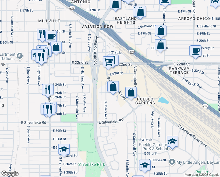 map of restaurants, bars, coffee shops, grocery stores, and more near 1490 South Cherrybell Stravenue in Tucson