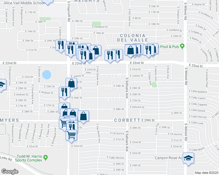 map of restaurants, bars, coffee shops, grocery stores, and more near 5724 East 24th Street in Tucson