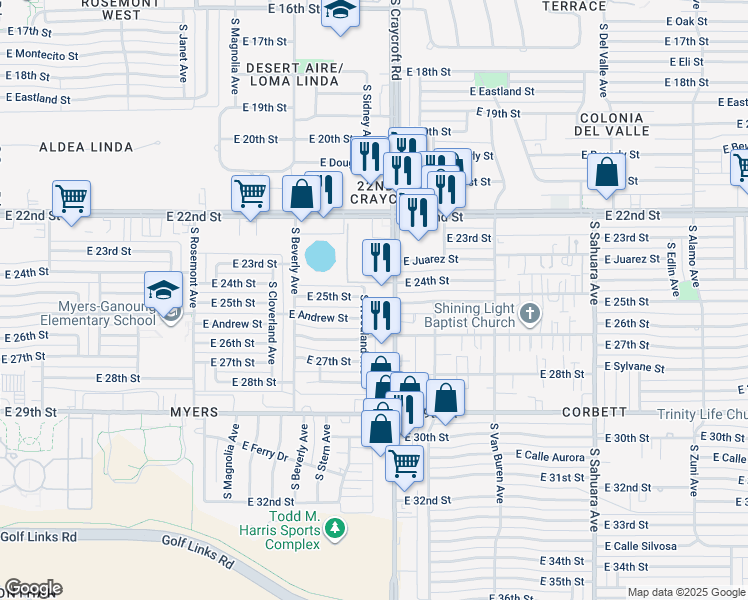 map of restaurants, bars, coffee shops, grocery stores, and more near 1440 South Craycroft Road in Tucson