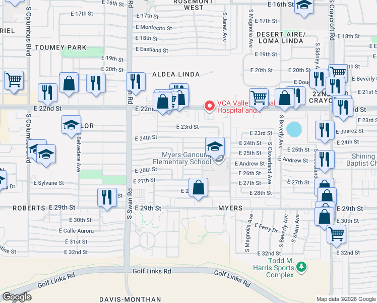map of restaurants, bars, coffee shops, grocery stores, and more near 4901 East Andrew Street in Tucson
