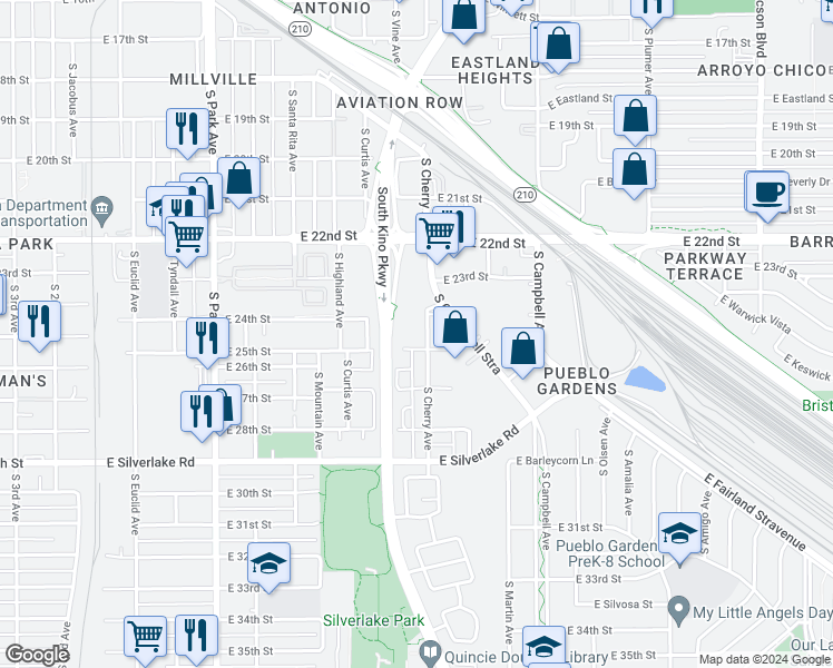 map of restaurants, bars, coffee shops, grocery stores, and more near 1501 East 25th Street in Tucson