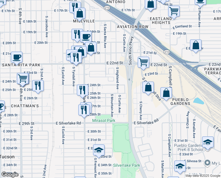 map of restaurants, bars, coffee shops, grocery stores, and more near 1253 East 25th Street in Tucson