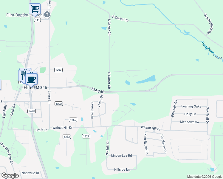 map of restaurants, bars, coffee shops, grocery stores, and more near 10147-10199 Farm to Market 346 in Flint