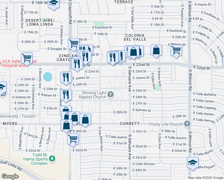 map of restaurants, bars, coffee shops, grocery stores, and more near 5724 East 24th Street in Tucson