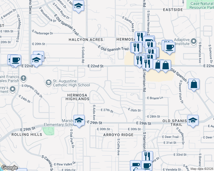 map of restaurants, bars, coffee shops, grocery stores, and more near 9206 East Palm Tree Drive in Tucson