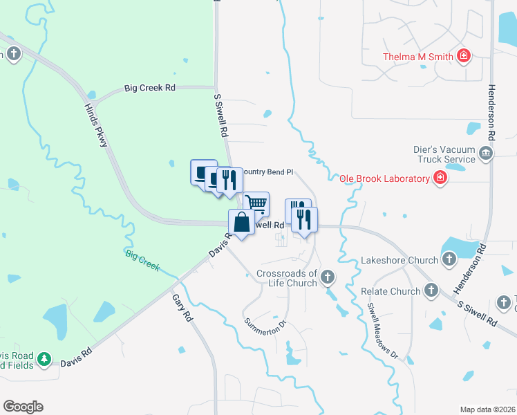 map of restaurants, bars, coffee shops, grocery stores, and more near 6760 South Siwell Road in Jackson
