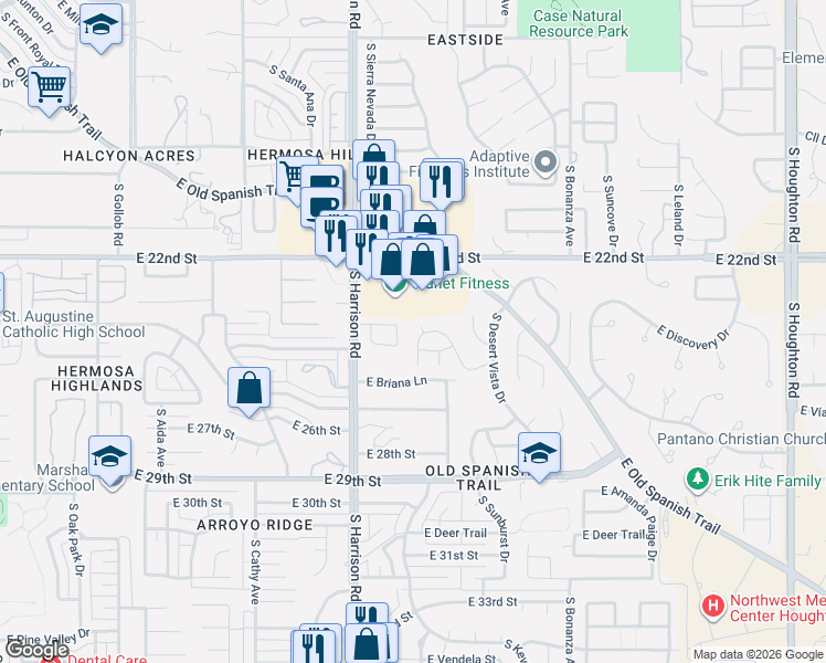 map of restaurants, bars, coffee shops, grocery stores, and more near 1477 South Moonlight Drive in Tucson