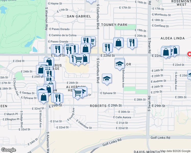 map of restaurants, bars, coffee shops, grocery stores, and more near 1702 South Columbus Boulevard in Tucson