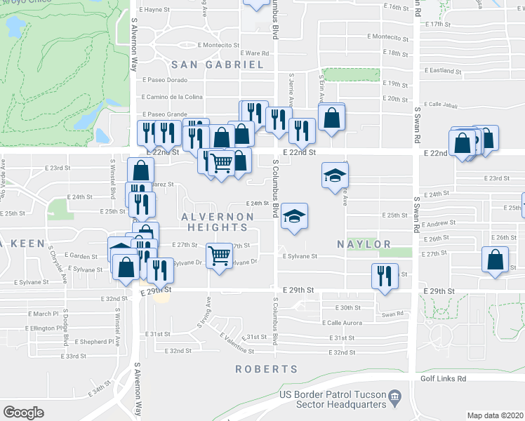 map of restaurants, bars, coffee shops, grocery stores, and more near 1702 South Columbus Boulevard in Tucson