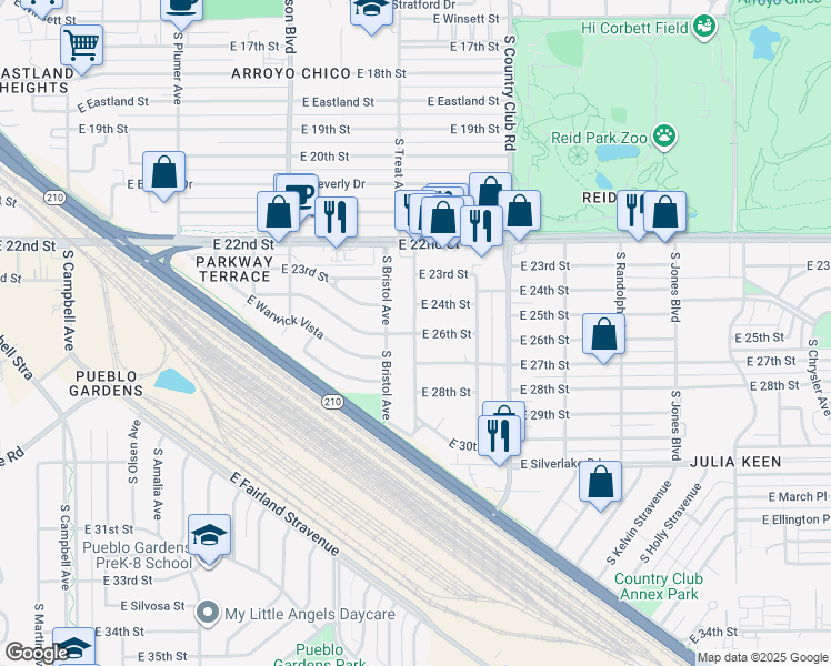 map of restaurants, bars, coffee shops, grocery stores, and more near 1507 South Bristol Avenue in Tucson