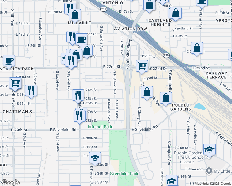 map of restaurants, bars, coffee shops, grocery stores, and more near 1305 East 25th Street in Tucson