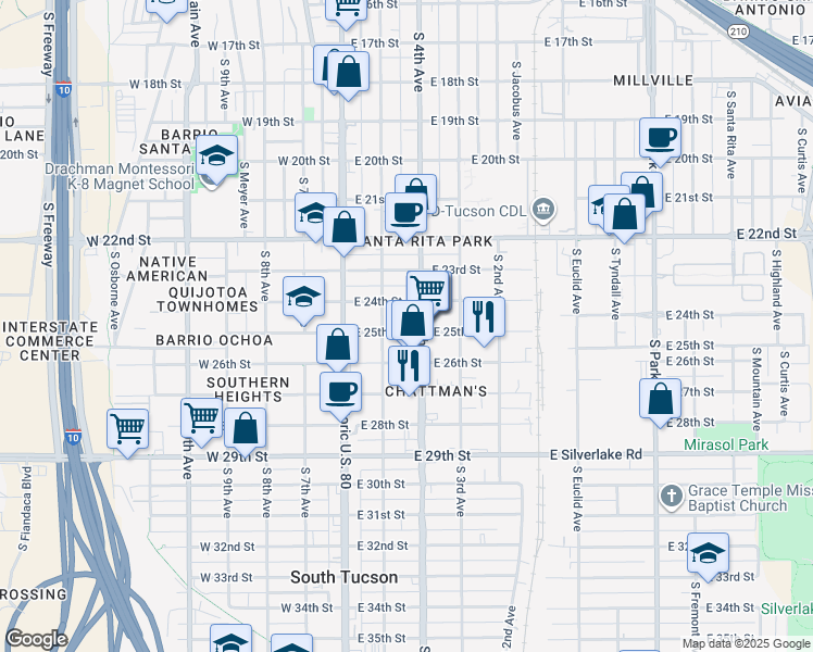 map of restaurants, bars, coffee shops, grocery stores, and more near in Tucson