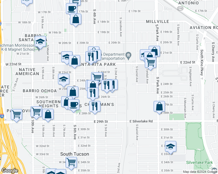 map of restaurants, bars, coffee shops, grocery stores, and more near 417 East 25th Street in Tucson