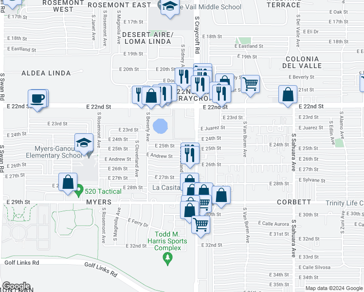 map of restaurants, bars, coffee shops, grocery stores, and more near 1413 S Woodland Ave in Tucson