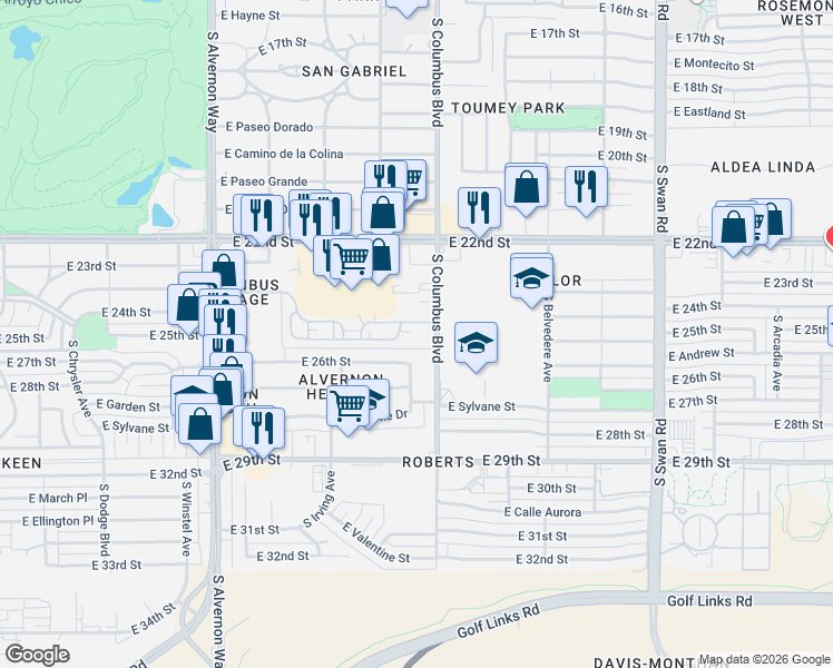 map of restaurants, bars, coffee shops, grocery stores, and more near 1702 South Columbus Boulevard in Tucson
