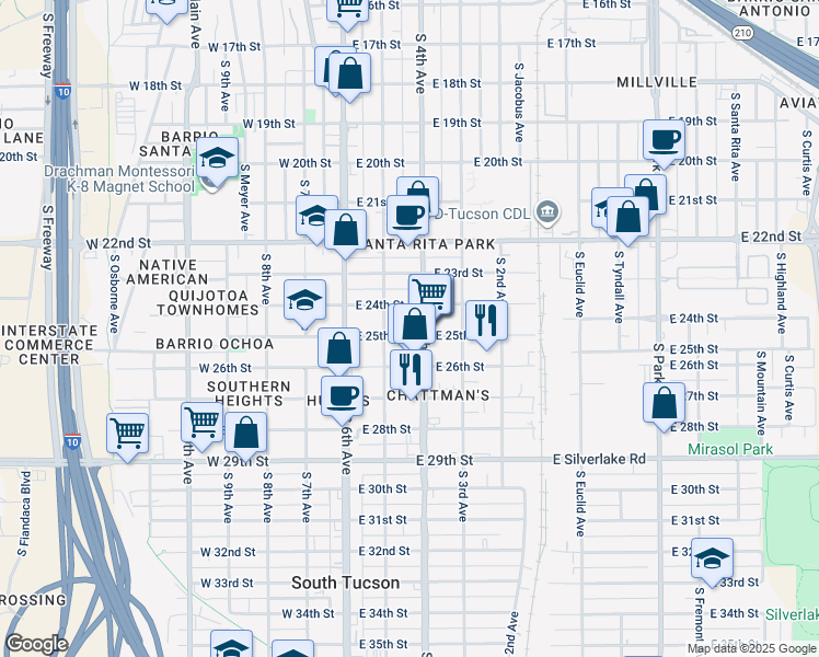 map of restaurants, bars, coffee shops, grocery stores, and more near in Tucson