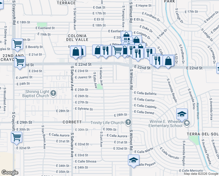 map of restaurants, bars, coffee shops, grocery stores, and more near 6202 East 25th Street in Tucson