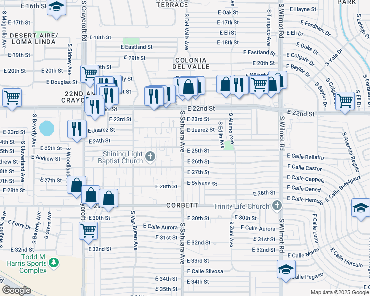 map of restaurants, bars, coffee shops, grocery stores, and more near 1516 South Sahuara Avenue in Tucson