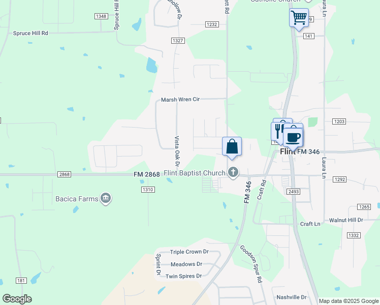 map of restaurants, bars, coffee shops, grocery stores, and more near 18914 Spanish Oak Court in Flint